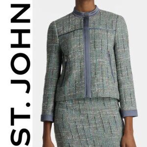 St. John Metallic Tweed Jacket Lurex Moto Zip Size 8 Grey Slate Multi